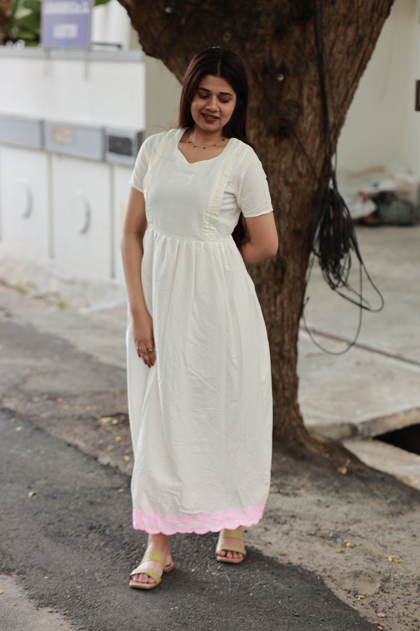 Premium Hakoba - Maternity / Feeding - Maxi/Gown -Full  Cotton Lining - Double side Zips - Hakoba off white and pink