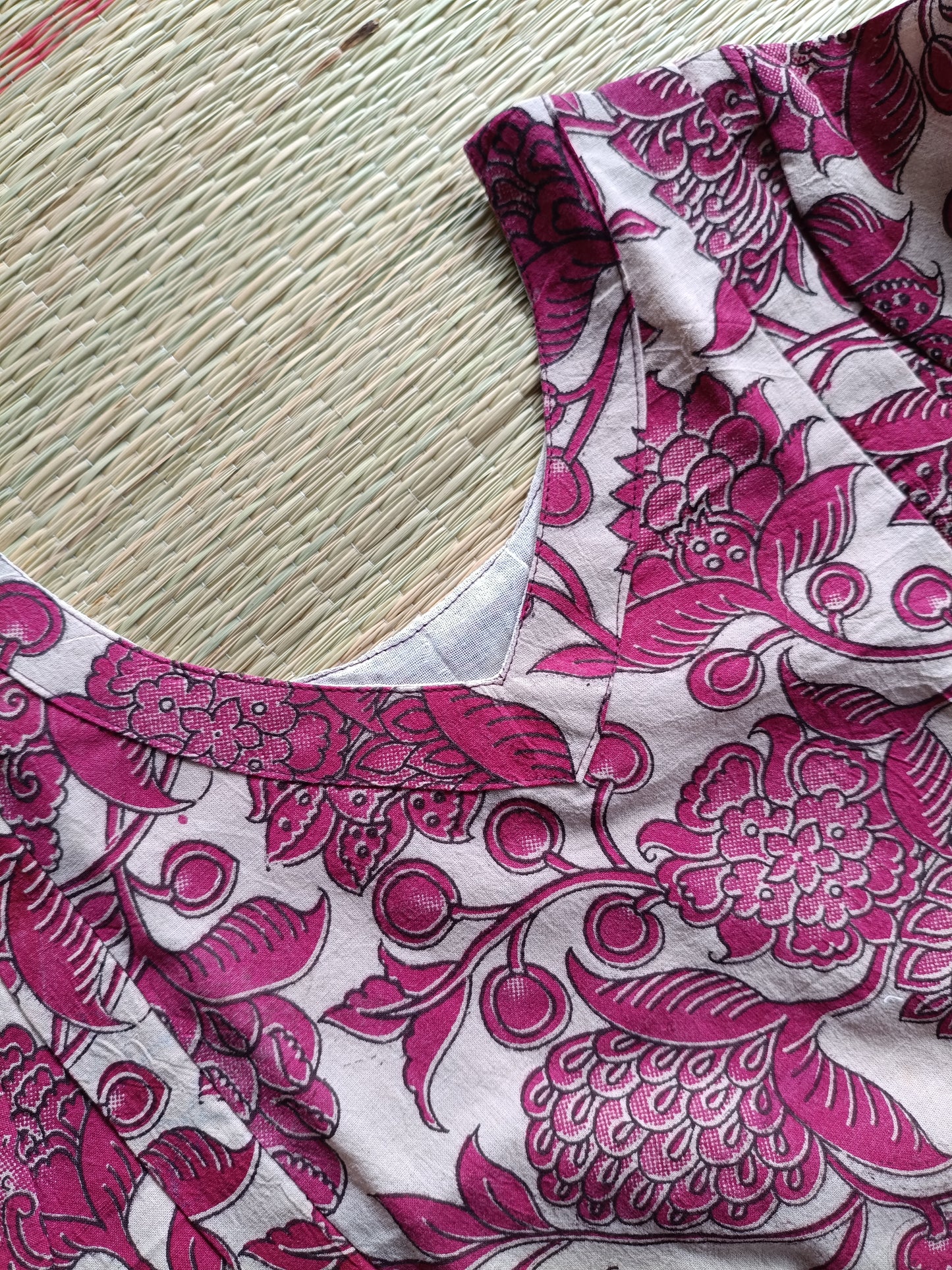 Block printed kalamkari cotton Maternity 2 pc chudidhar set [ Top with double side zip, and dupatta - Sandal and pink flower