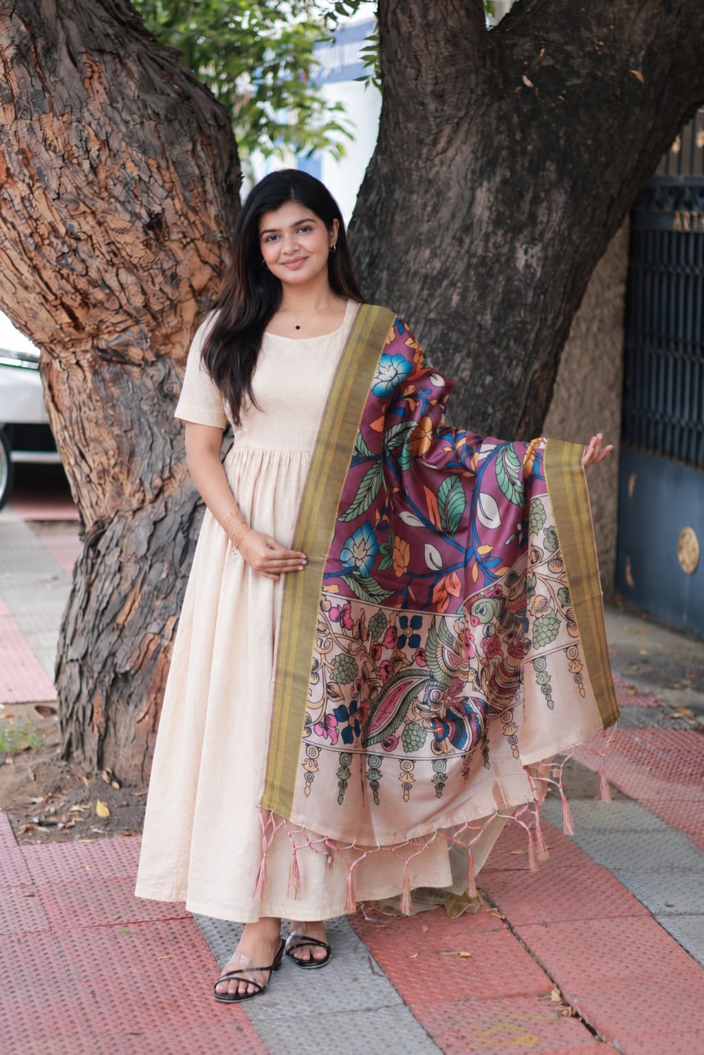 Maternity / Feeding Maxi/Gown - Full cotton lining- Extremely lightweight - Photoshoot maxi - with Kalamkari Dupatta
