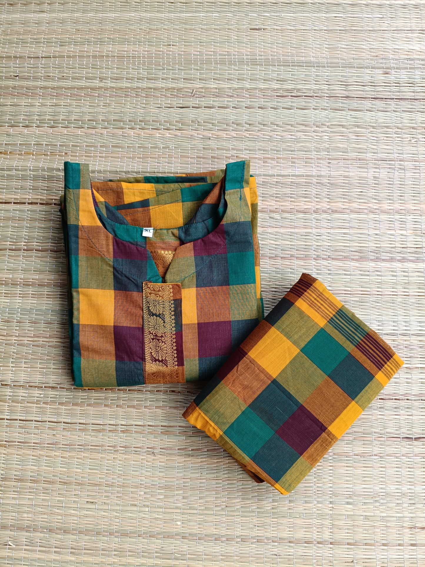 Cotton Maternity 2 pc chudidhar set [ Top with center zip, and dupatta] - Madras checks -A line Top - No side open