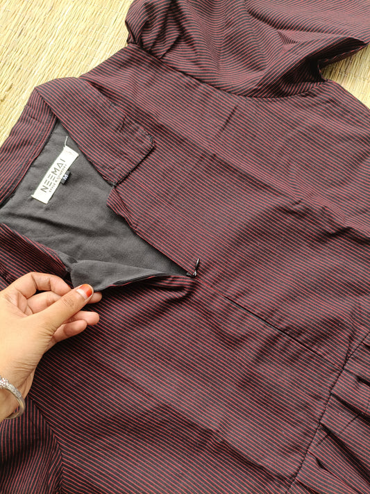 Prewashed handloom Cotton - Feeding/ Maternity Maxi/Gown - Cotton lining /Center zip -Collar  Brown Stripe