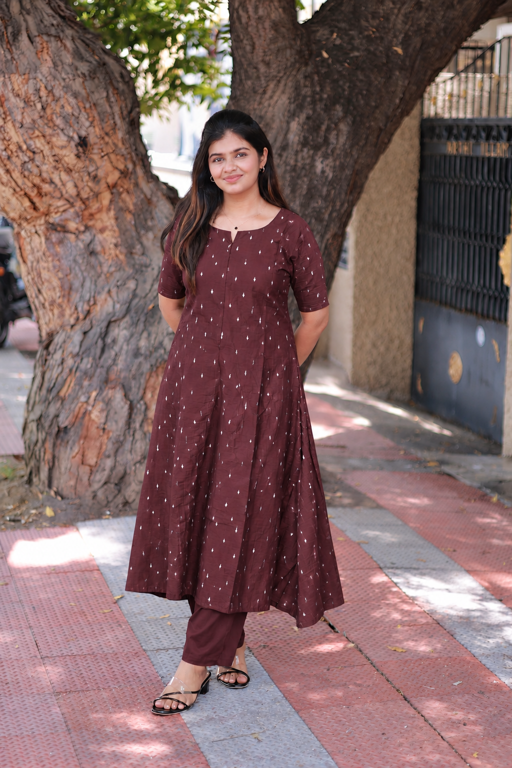 Raw Silk Maternity 3 Pc Chudidhar Set – Brown (Center Zip, No Side Top)