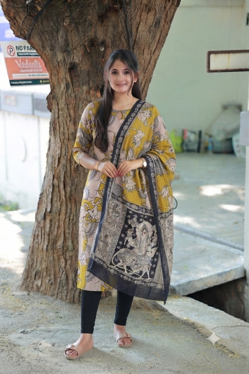 Block printed kalamkari cotton Maternity 2 pc chudidhar set [ Top with double side zip, and dupatta - Yellow pichwai
