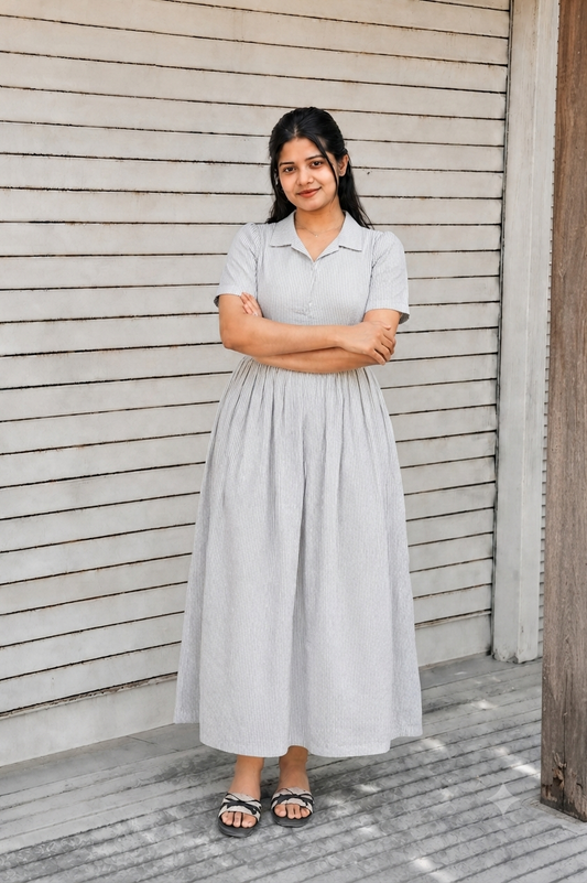 Prewashed handloom Cotton - Feeding/ Maternity Maxi/Gown - Cotton lining /Center zip -Collar White stripe
