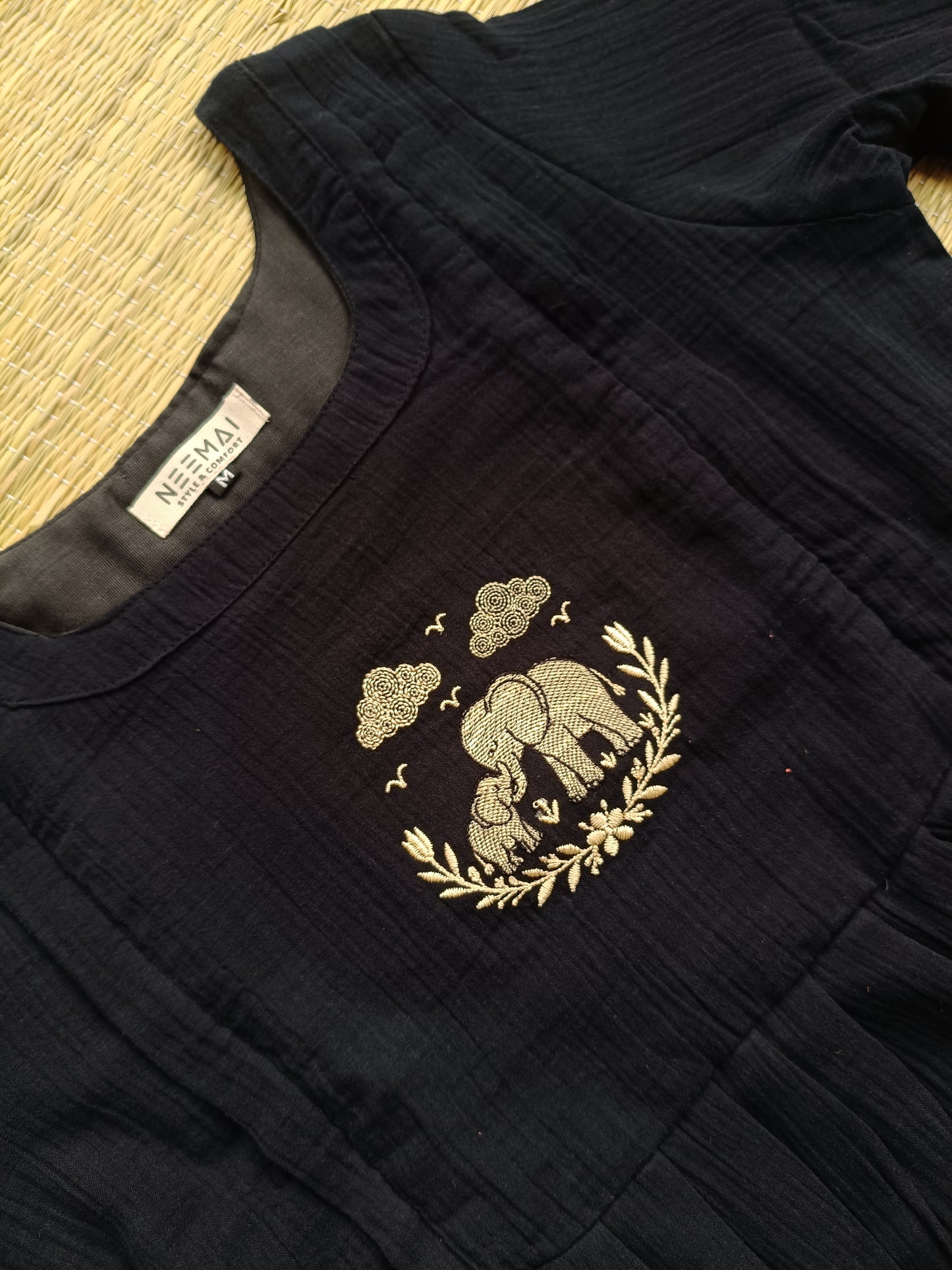 Muslin Cotton Maternity Feeding Dress – Black | Double Side Nursing Zip( elephant embroidery Design)