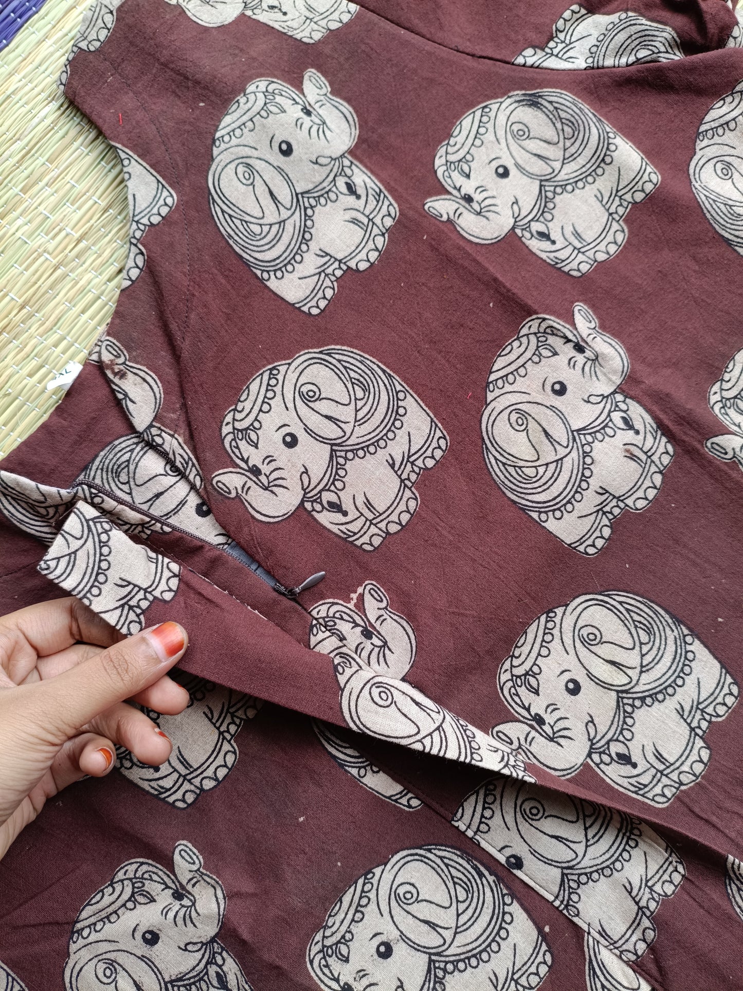 Block printed kalamkari cotton Maternity 2 pc chudidhar set [ Top with center side zip, and dupatta -  Brown mini elephant