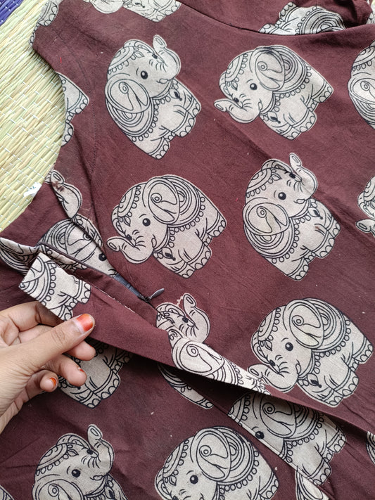 Block printed kalamkari cotton Maternity 2 pc chudidhar set [ Top with center side zip, and dupatta -  Brown mini elephant