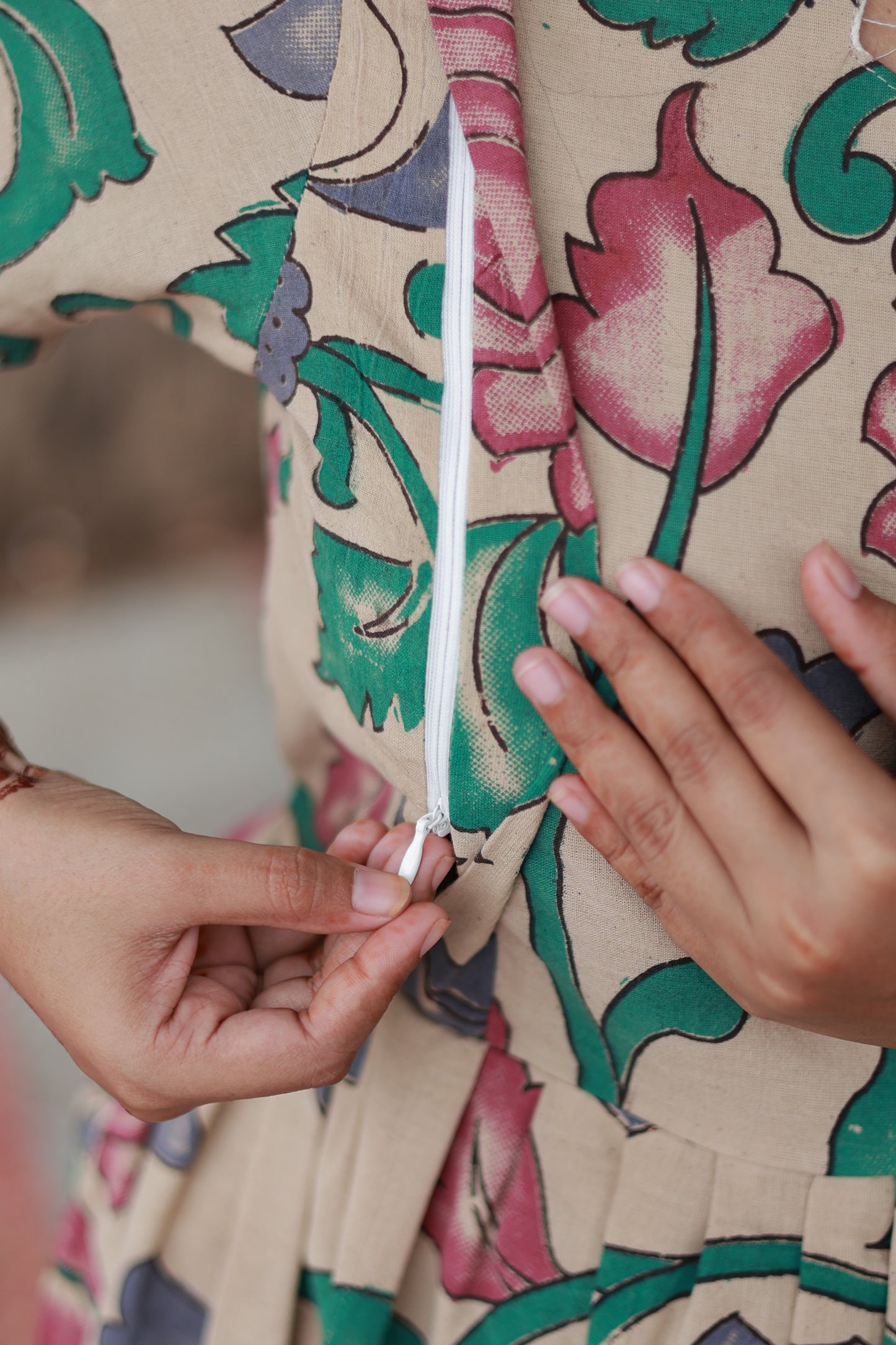 Kalamkari cotton- Feeding/ Maternity Maxi/Gown - Cotton lining  / Double side zip- pink lotus