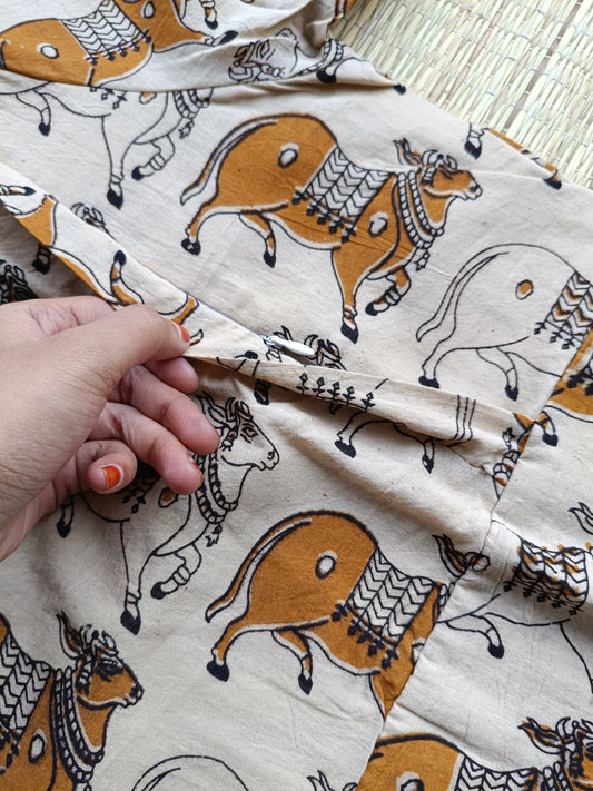 Block printed kalamkari cotton Maternity 2 pc chudidhar set [ Top with double side zip, and dupatta - Brown and sandal pichwai