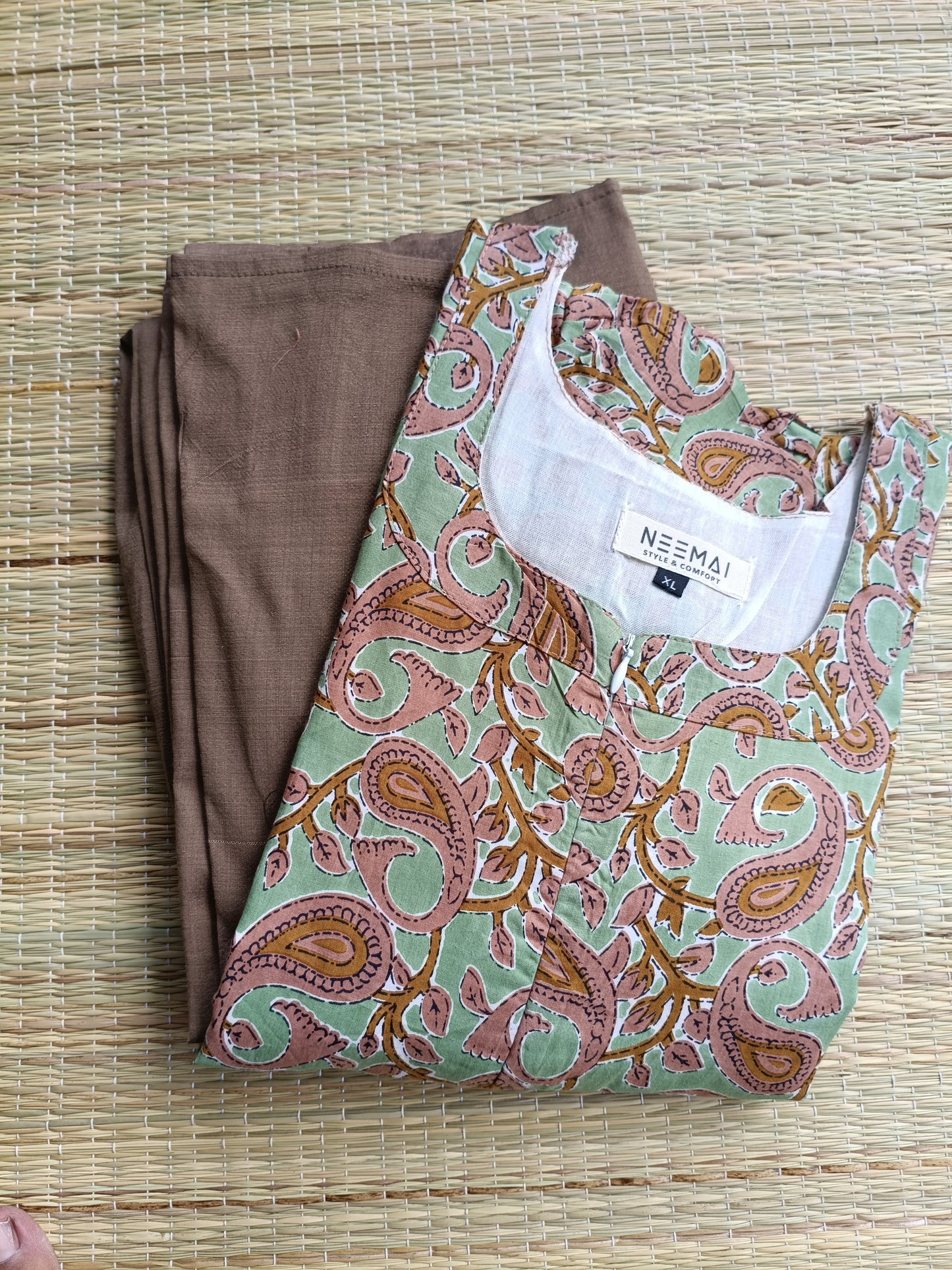 Cotton / Raw silk Maternity Maxi/Gown in center zip - Festival Collection- Full cotton lining -Brown with Light green