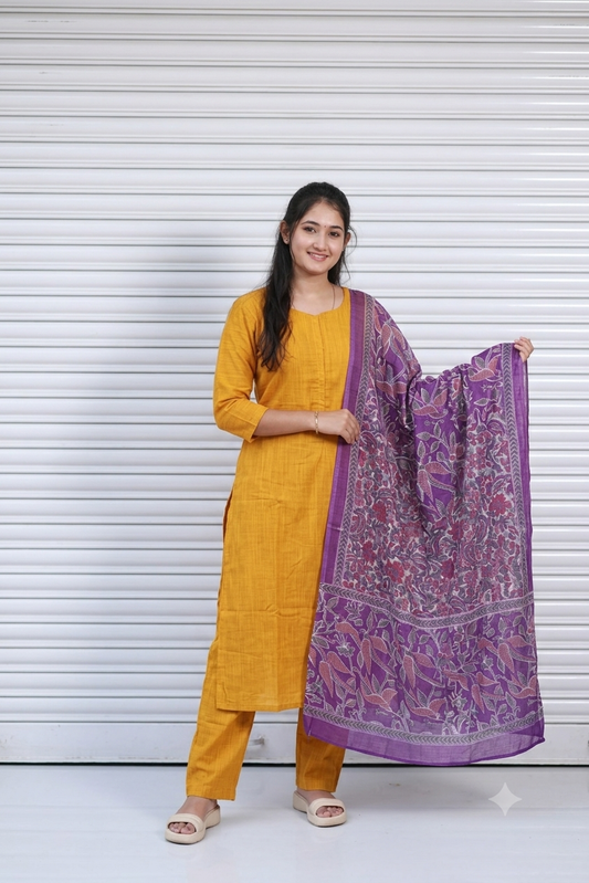 Maternity 3 pc chudidhar set [ Top with center zip, pant and dupatta] - Yellow and purple