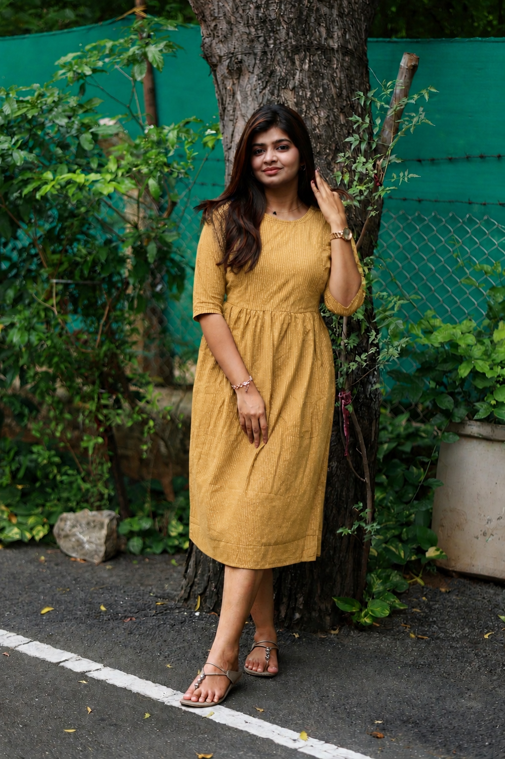 Cotton Maternity/Feeding Midi/Gown - Self light yellow ( full length cotton lining)