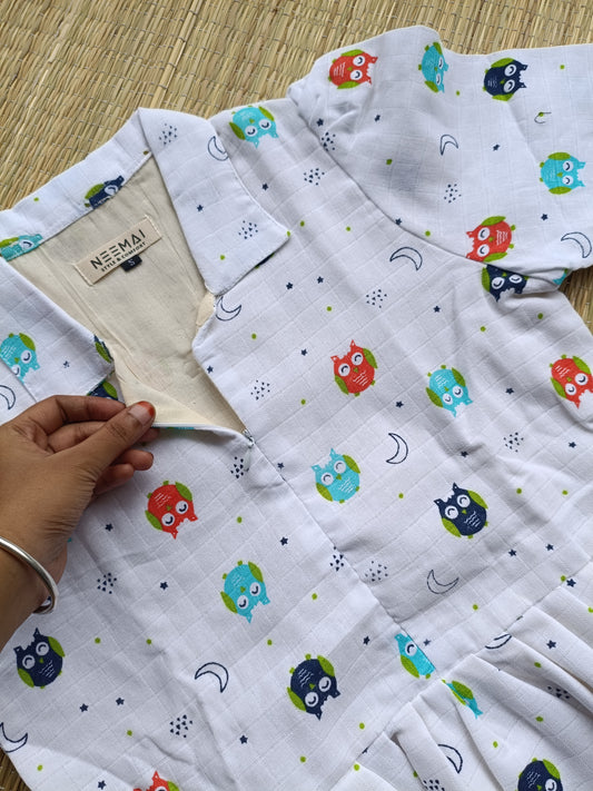 Premium Muslin - Feeding/ Maternity Maxi/Gown - Cotton lining with Center zip -Collar color owl 🦉