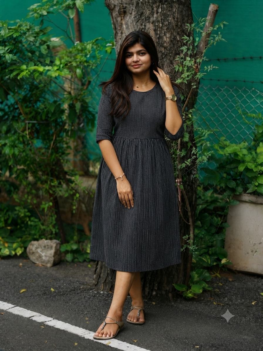 Cotton Maternity/Feeding Midi/Gown - Self black ( chest part lining)