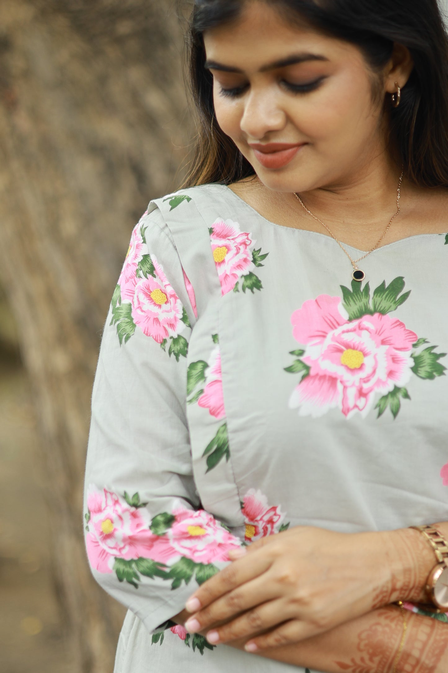 Cotton /Maternity 3 pc chudidhar set [ A line Top with double side zip, pant and dupatta] -Grey  with pink flower ( No side open top)