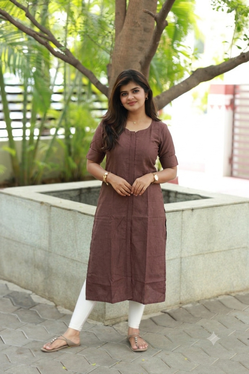 Soft Silk Center zip Cotton   Normal /Feeding kurti - brown dairy milk