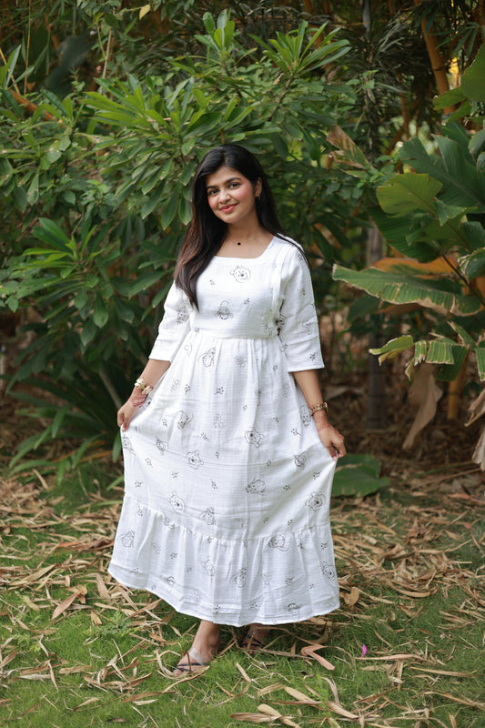 Premium Muslin- Feeding/ Maternity Maxi/Gown - Cotton lining /Double side zip - White with Animals