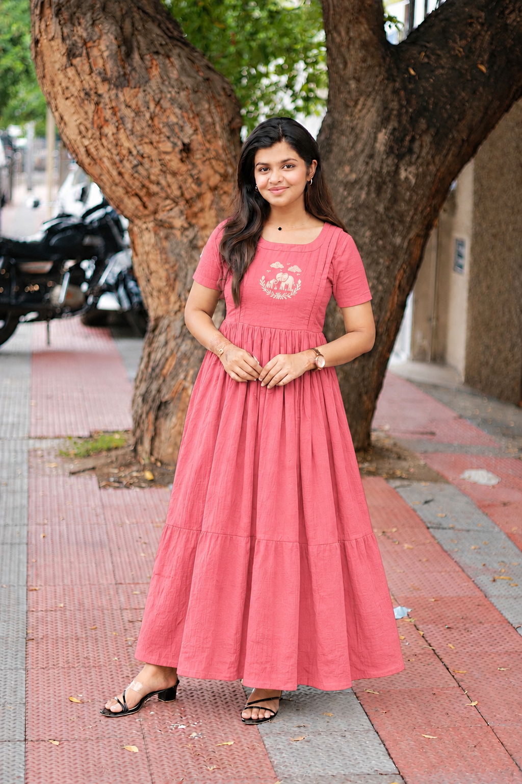 Muslin Cotton Maternity Feeding Dress – Peach| Double Side Nursing Zip( elephant embroidery Design)