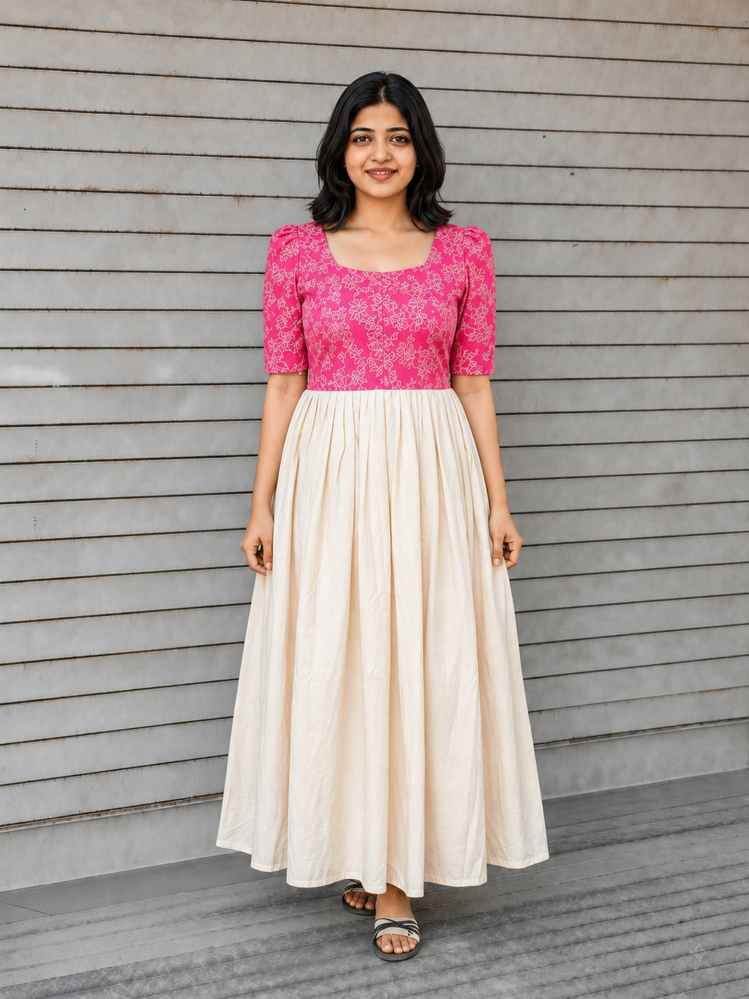 Raw silk Maternity Maxi/Gown in center zip - Festival Collection- Full cotton lining - Half white with pink