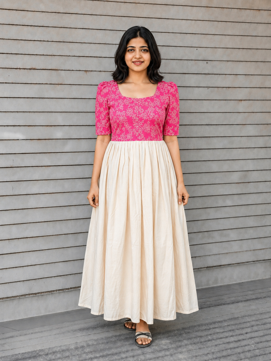 Raw silk Maternity Maxi/Gown in center zip - Festival Collection- Full cotton lining - Half white with pink