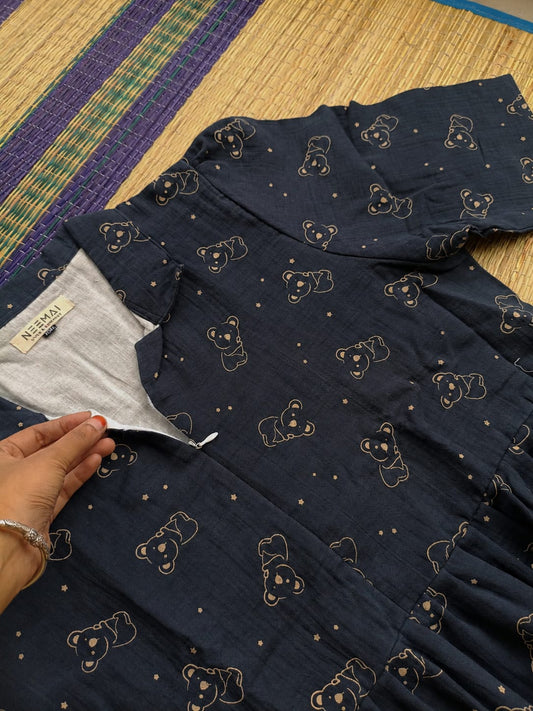 Premium Muslin - Feeding/ Maternity Maxi/Gown - Cotton lining with Center zip -Collar Panda 🐼