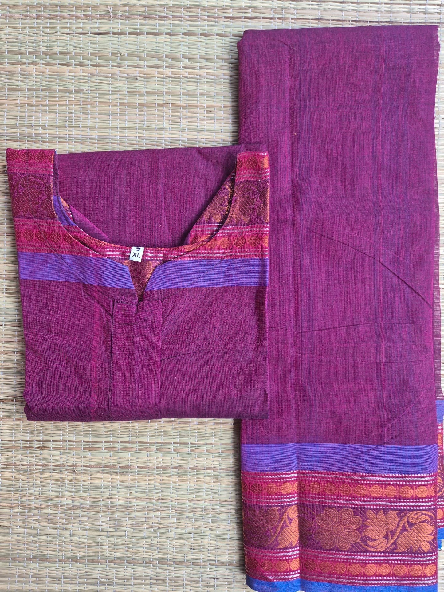 Cotton Maternity 2 pc chudidhar set [ Top with center side zip, and dupatta] - Plum - 5XL - A line top and no side open
