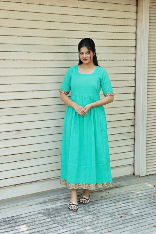 Premium Muslin- Feeding/ Maternity Maxi/Gown - Cotton lining /Double side zip - Parrot Green