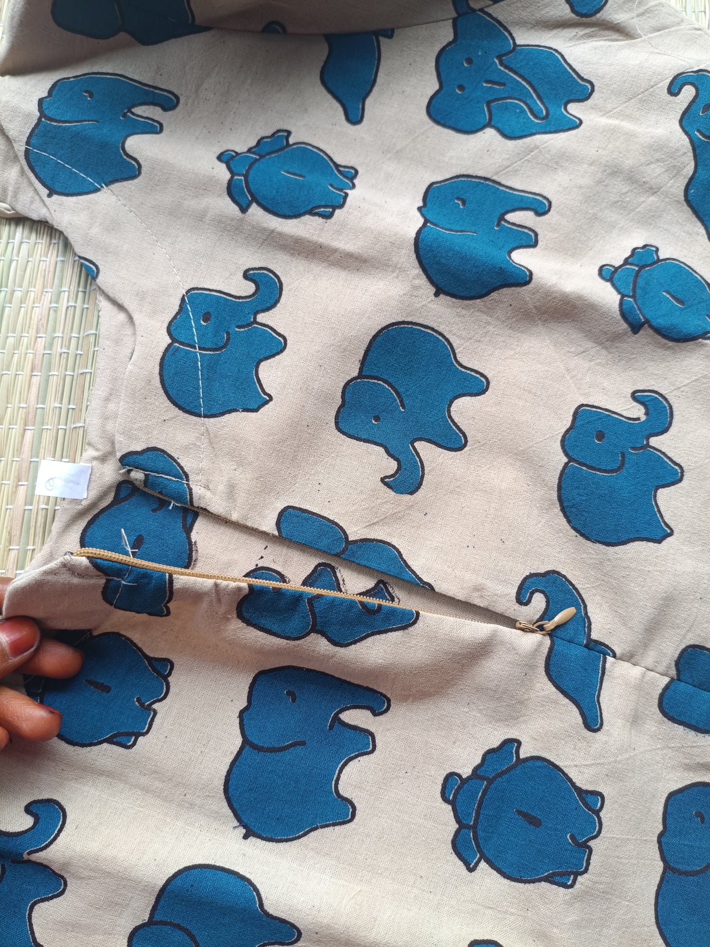 Block printed kalamkari cotton Maternity 2 pc chudidhar set [ Top with center zip, and dupatta - Blue elephant kalamkari