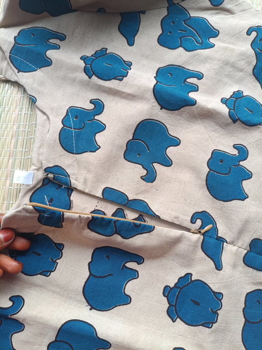 Block printed kalamkari cotton Maternity 2 pc chudidhar set [ Top with center zip, and dupatta - Blue elephant kalamkari