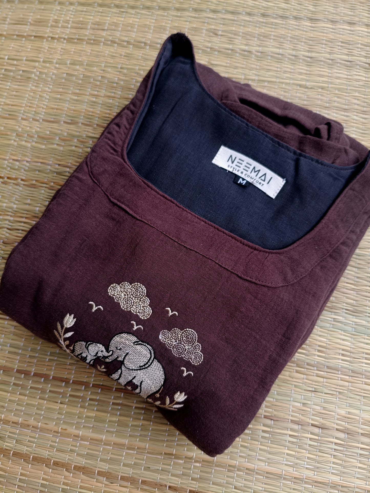 Muslin Cotton Maternity Feeding Dress – Brown| Double Side Nursing Zip( elephant embroidery Design)