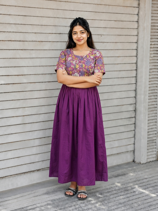 Cotton / Raw silk Maternity Maxi/Gown in center zip - Festival Collection- Full cotton lining - Violet with violet flower