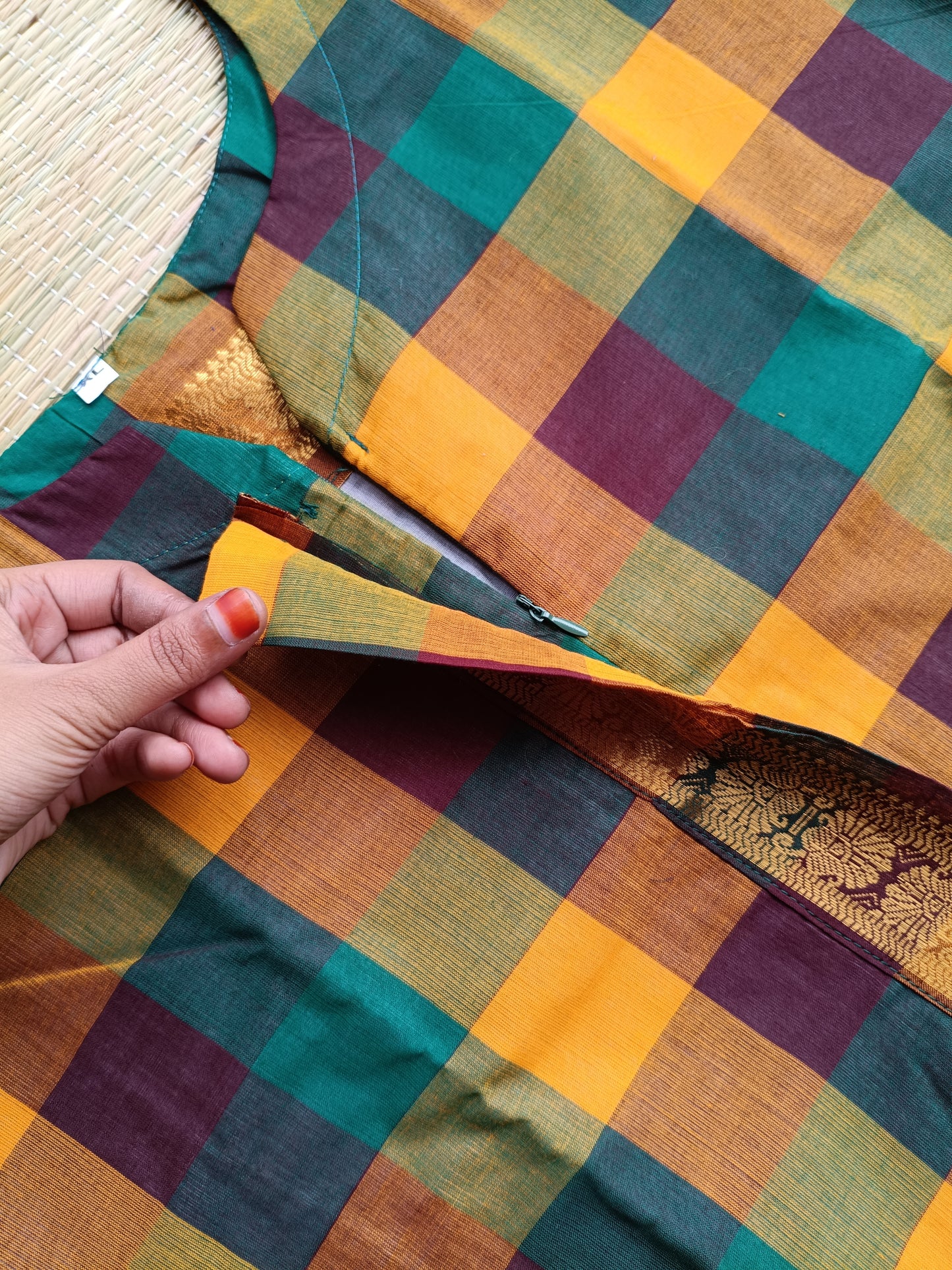 Cotton Maternity 2 pc chudidhar set [ Top with center zip, and dupatta] - Madras checks -A line Top - No side open