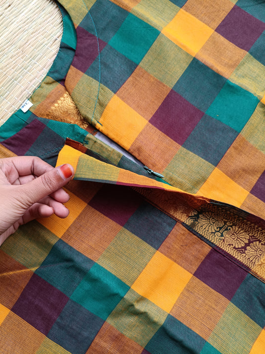 Cotton Maternity 2 pc chudidhar set [ Top with center zip, and dupatta] - Madras checks -A line Top - No side open