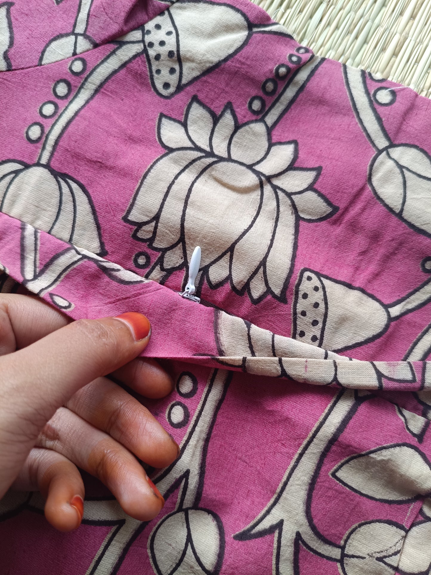 Block printed kalamkari cotton Maternity 2 pc chudidhar set [ Top with double side zip, and dupatta - Pink Flower