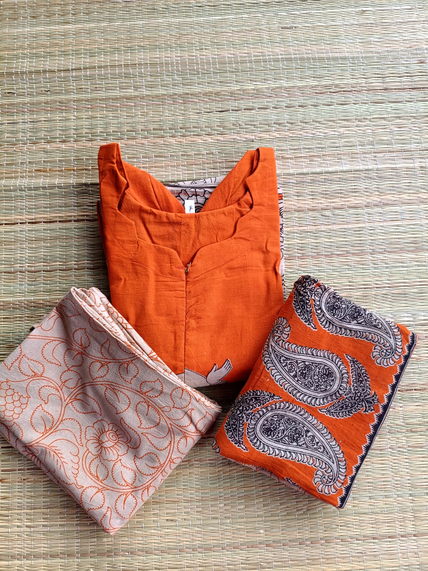 Block printed kalamkari cotton Maternity 3 pc chudidhar set [ Top with center zip, pant and dupatta] - Orange  Kalamkari