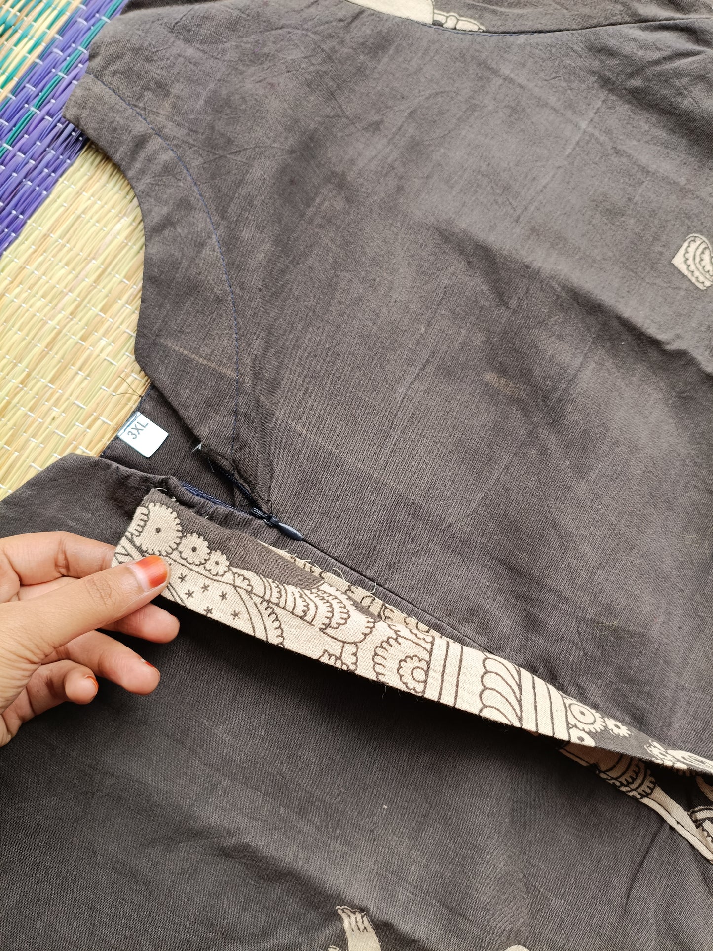 Block printed kalamkari cotton Maternity 2 pc chudidhar set [ Top with center  zip, and dupatta] -  Black - A line top and no side open