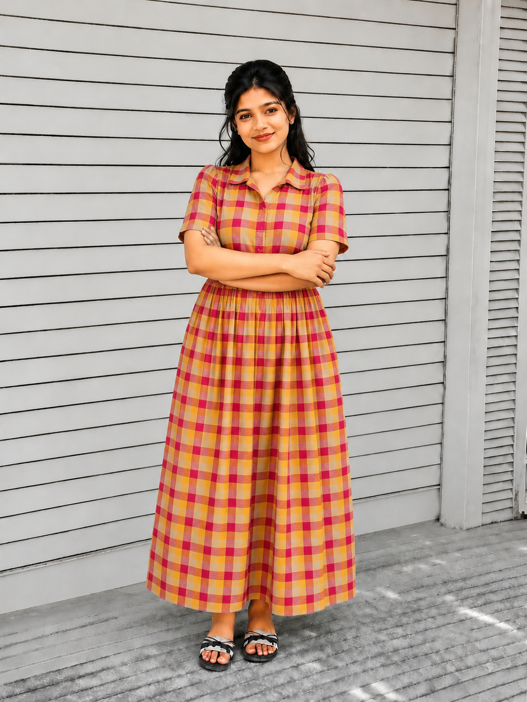 Madras checks Cotton - Feeding/ Maternity Maxi/Gown - Cotton lining /Center zip -Small check yellow and red