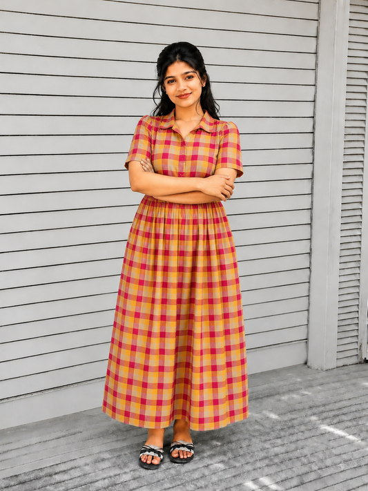 Madras checks Cotton - Feeding/ Maternity Maxi/Gown - Cotton lining /Center zip -Small check yellow and red
