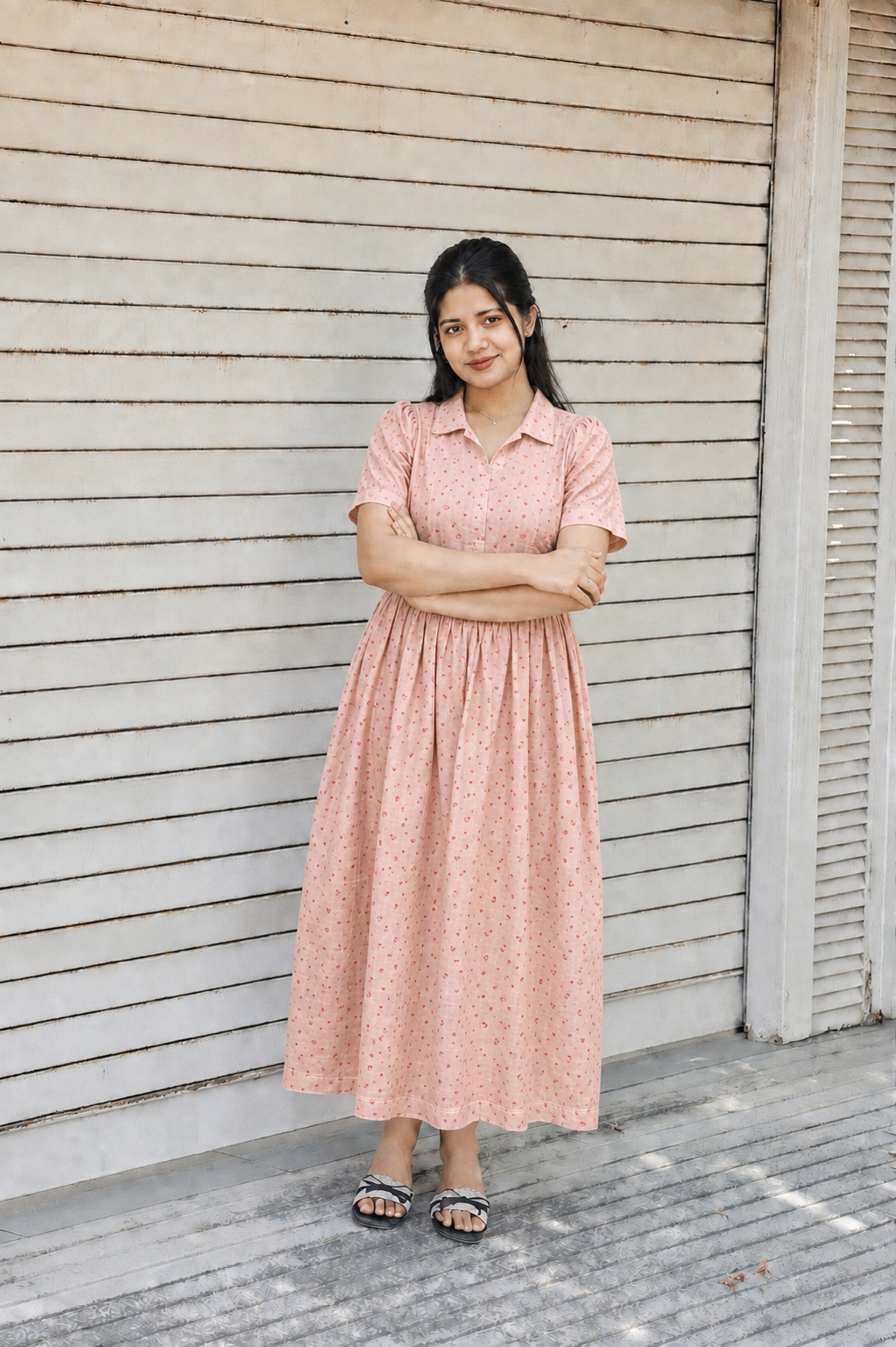Premium Muslin - Feeding/ Maternity Maxi/Gown - Cotton lining /Center zip -Collar peach and red heart