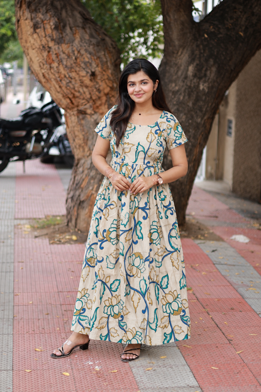 Kalamkari Cotton Maternity Feeding Gown/ Maxi / double side zip– green lotus