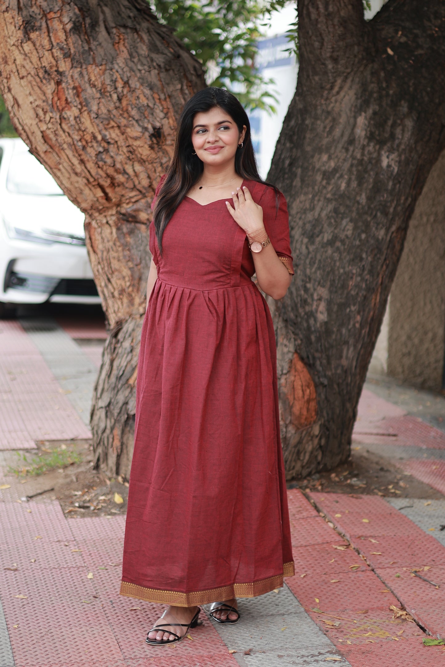 Chettinad Cotton -2 pc set -Maternity Maxi/Gown - Festival Collection -Full cotton lining- Double side zip with dupatta- Marron