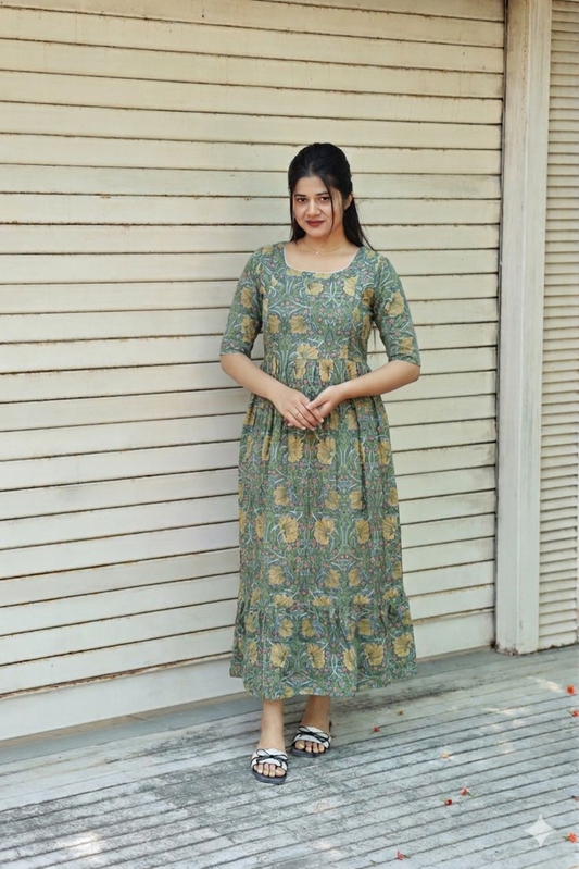 Viscose rayon - Feeding/ Maternity Maxi/Gown - Cotton lining /Double side zip -Green Tree