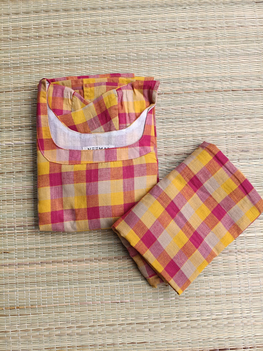 Madras check/ cotton Maternity 2 pc coordset [ Top with double side zip, and Pant - Small Pink and yellow checks