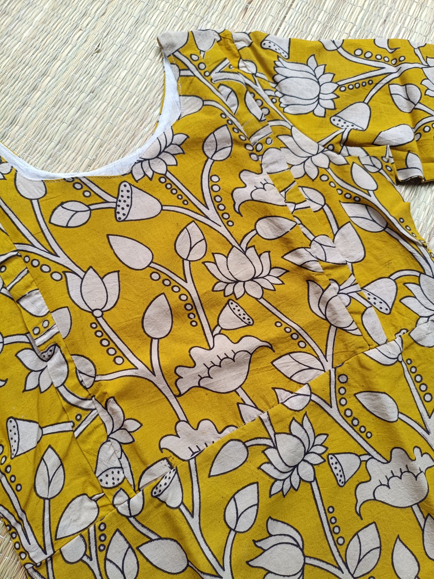 Block printed kalamkari cotton Maternity 2 pc chudidhar set [ Top with double side zip, and dupatta -Yellow flower