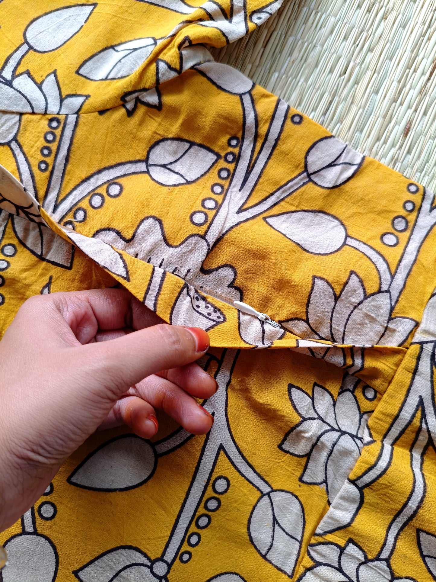 Block printed kalamkari cotton Maternity 2 pc chudidhar set [ Top with double side zip, and dupatta - Yellow flower