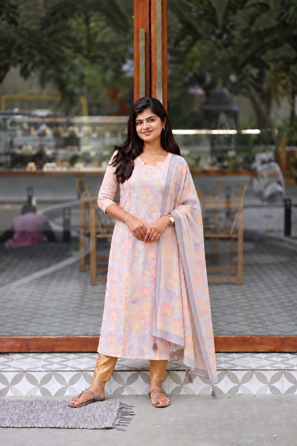 Raw Silk Maternity 2 Pc Chudidhar Set – Pink Lotus /Double side Zip (Side Open Top + Dupatta)