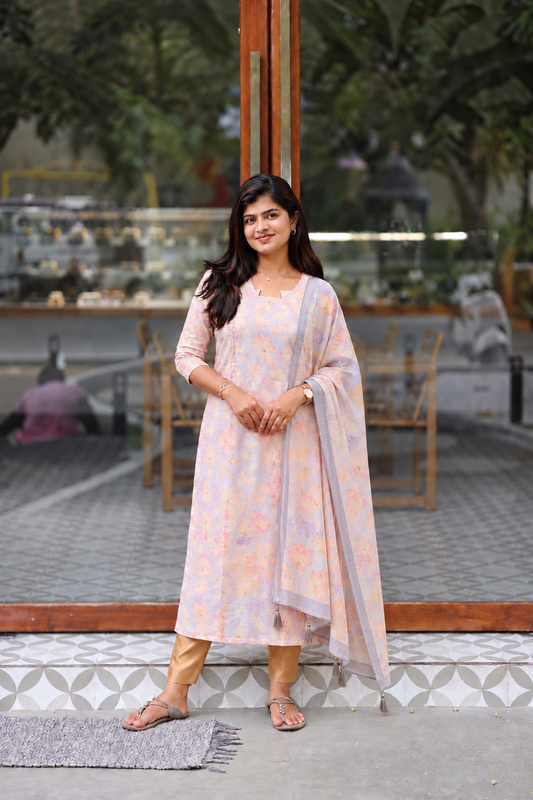 Raw Silk Maternity 2 Pc Chudidhar Set – Pink Lotus /Double side Zip (Side Open Top + Dupatta)