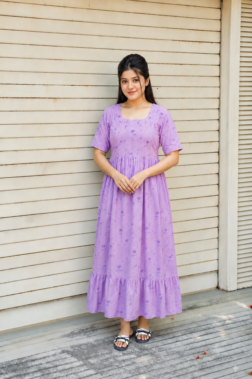 Premium Muslin - Feeding/ Maternity Maxi/Gown - Cotton lining /Double side zip - lavender heart