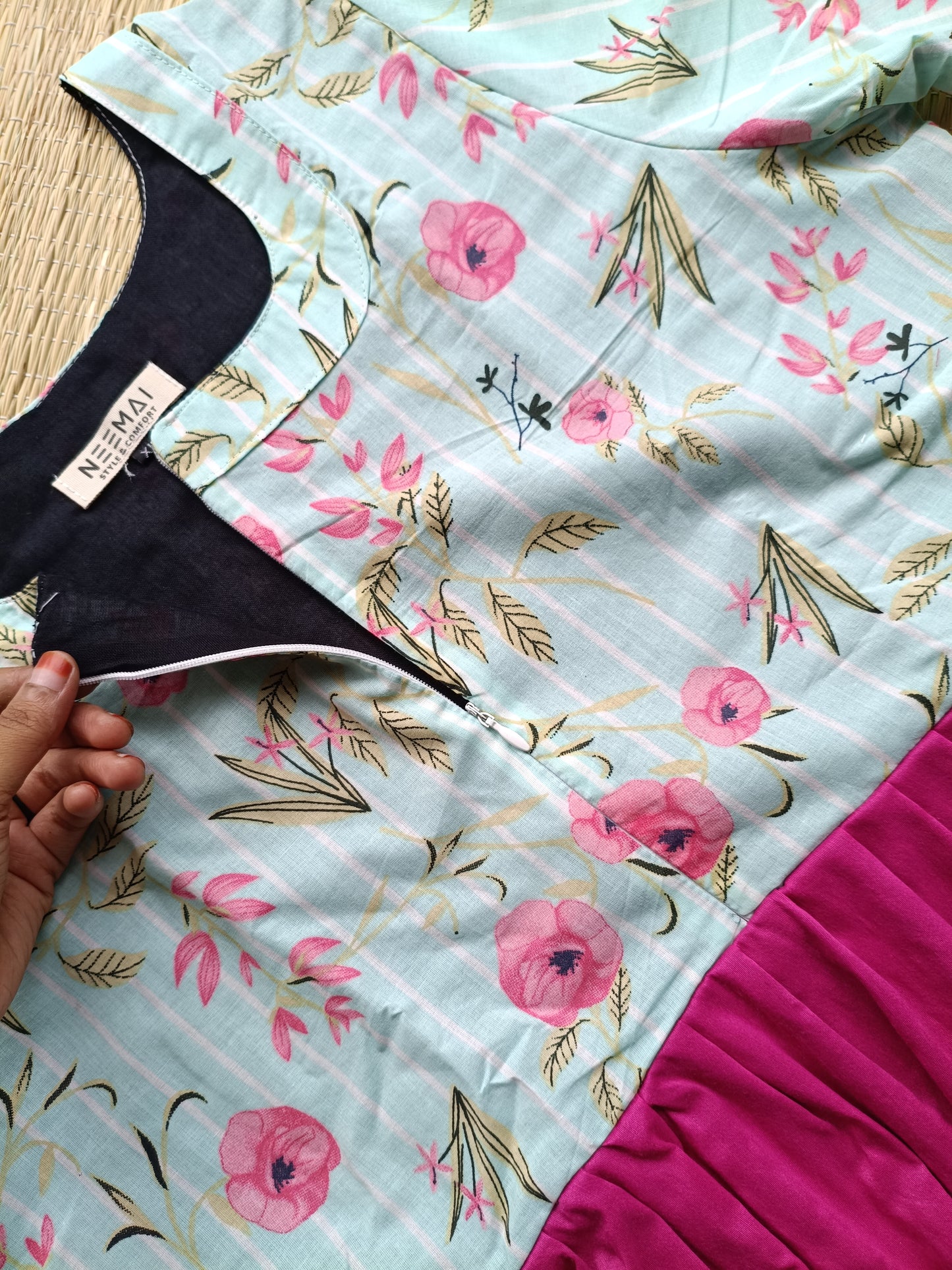 Cotton / Raw silk Maternity Maxi/Gown in center zip - Festival Collection- Full cotton lining - Pink with pink flower