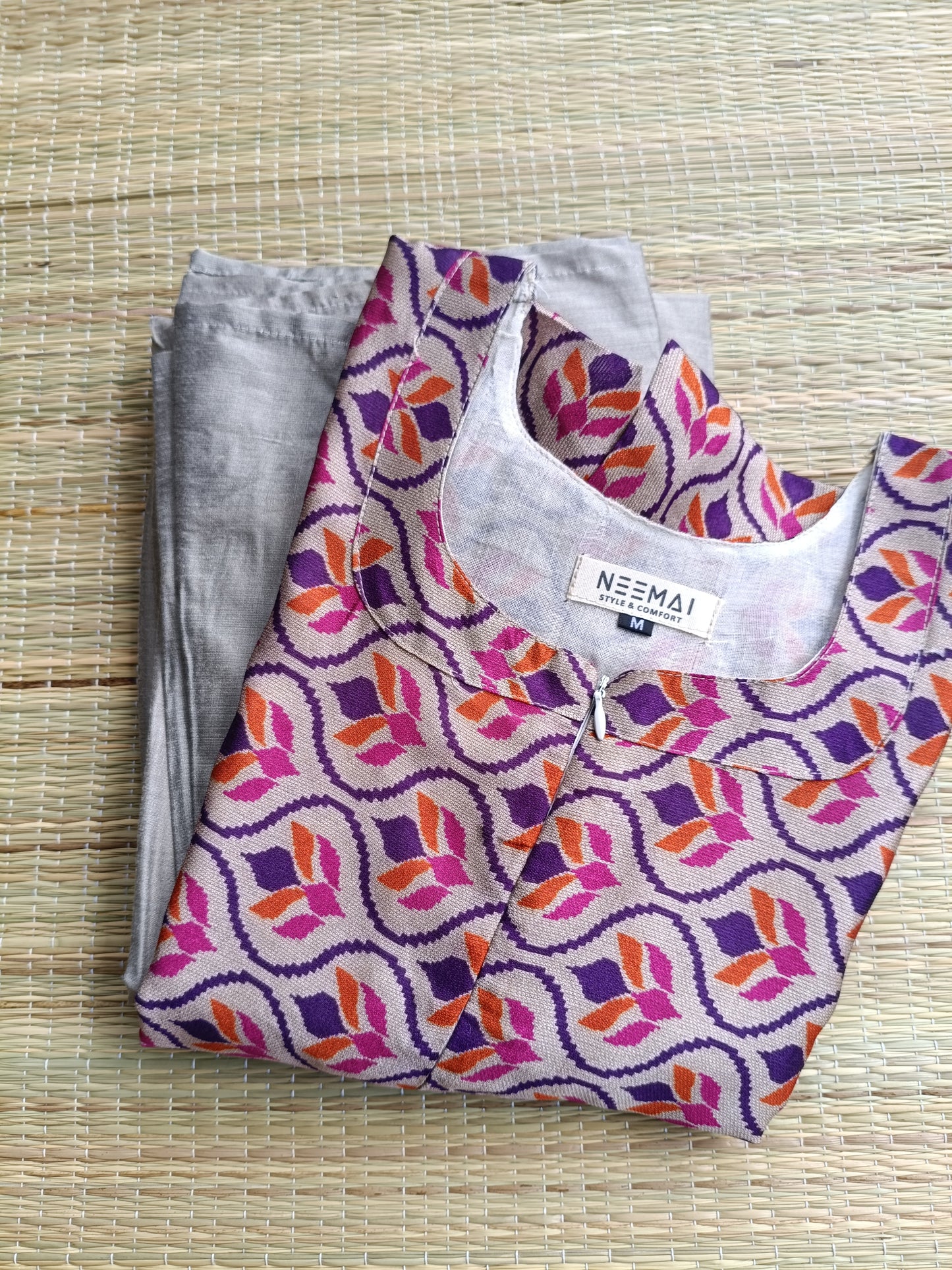 Cotton / Raw silk Maternity Maxi/Gown in center zip - Festival Collection- Full cotton lining - Kolam design with silver
